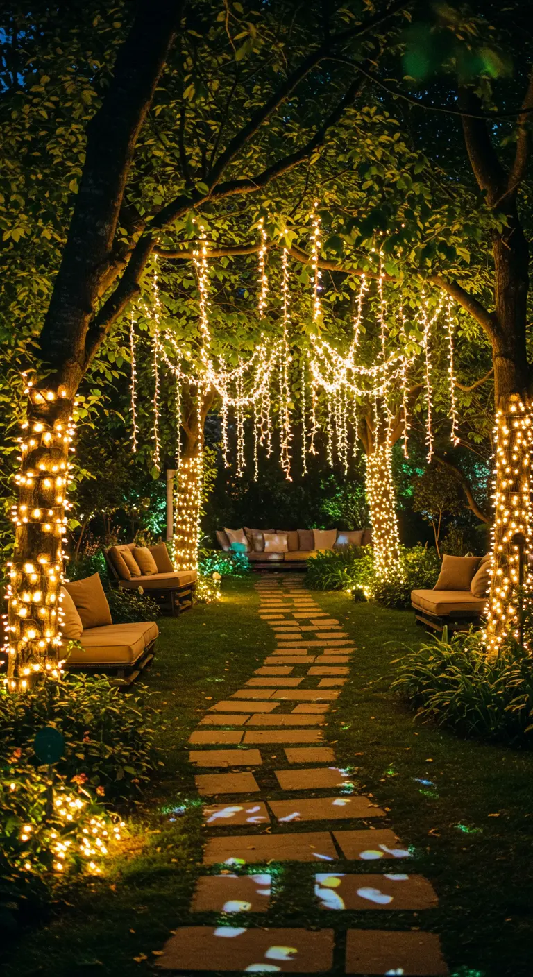 Chemin de jardin éclairé par des arbres enveloppés de guirlandes lumineuses suspendues.