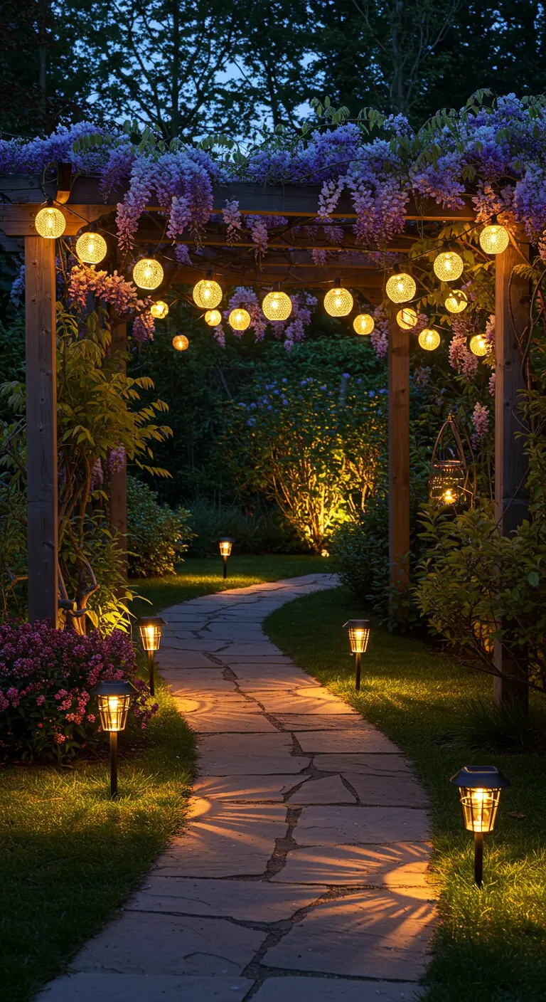 Chemin de jardin en pierre éclairé par des lampes solaires, passant sous une arche fleurie.