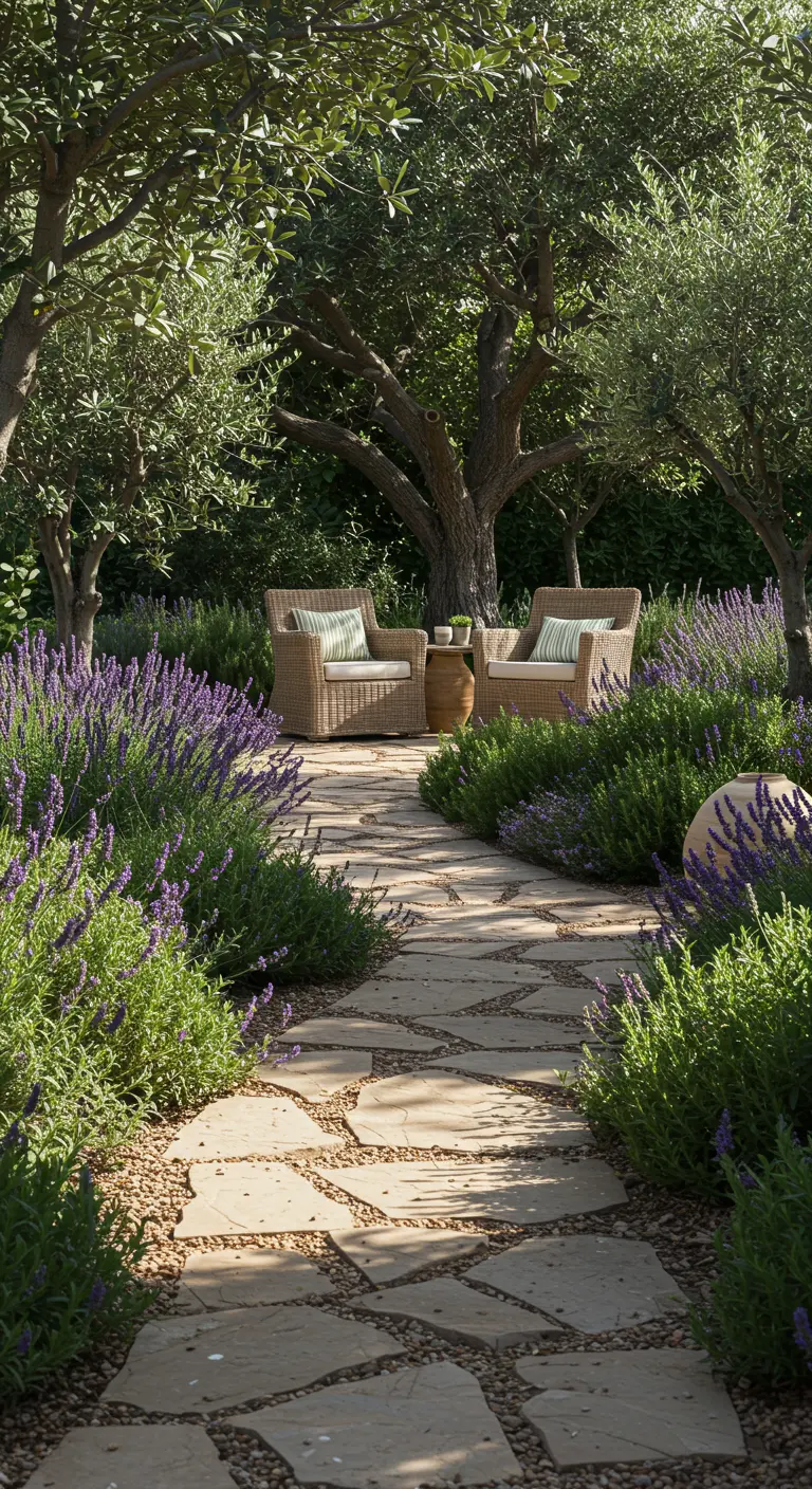 Chemin de pierre sinueux dans un jardin, bordé de buissons de lavande en fleur et d'oliviers.