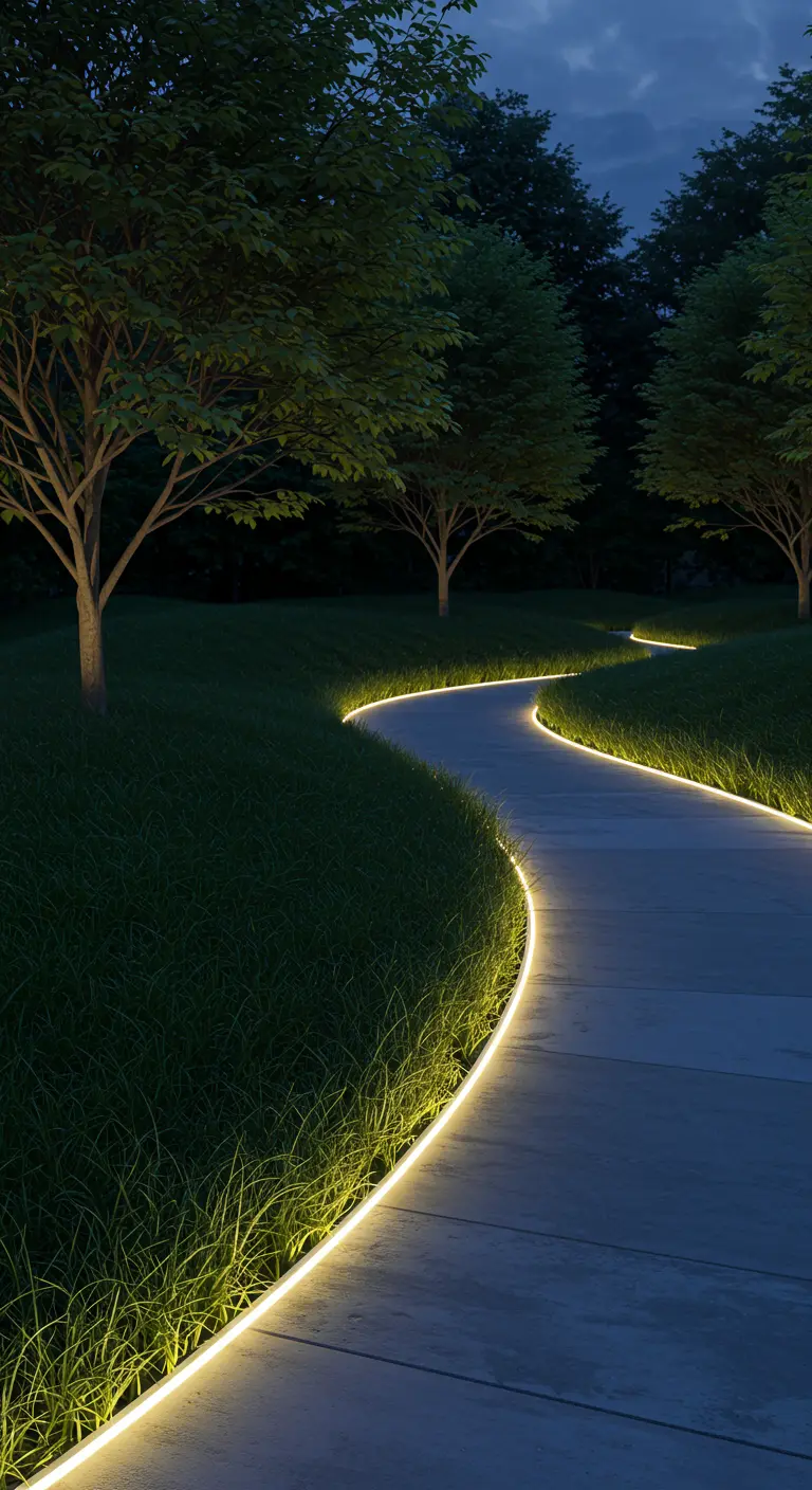 Allée de jardin sinueuse bordée par un ruban LED lumineux.