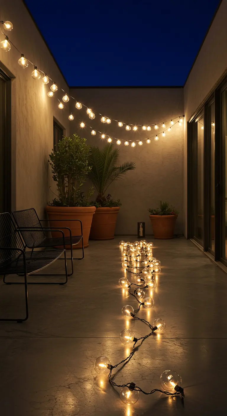 Guirlande lumineuse posée sur le sol en béton d'un patio minimaliste la nuit.