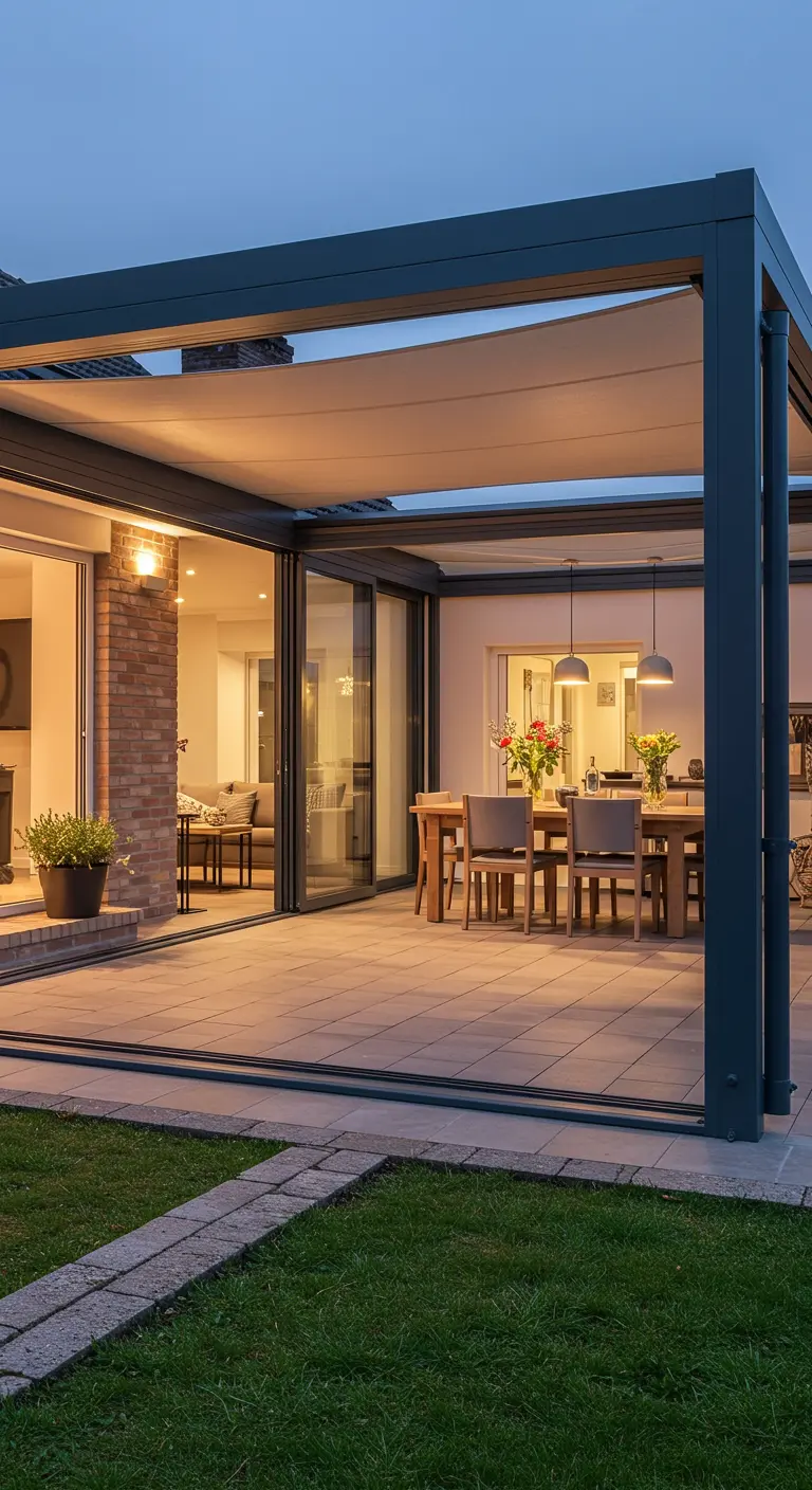 Pergola moderne attenante à une maison avec de grandes baies vitrées ouvertes.