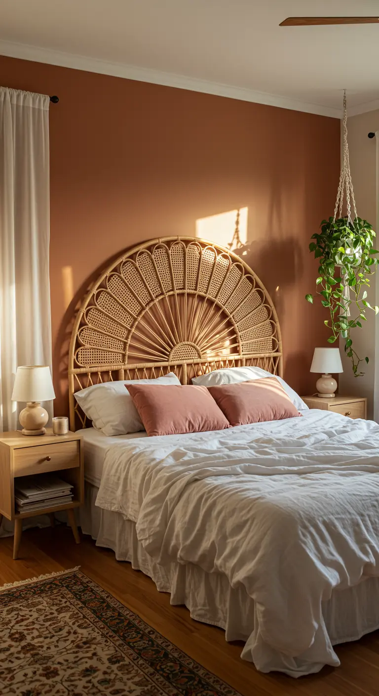 Tête de lit en rotin en forme d'éventail contre un mur terracotta.