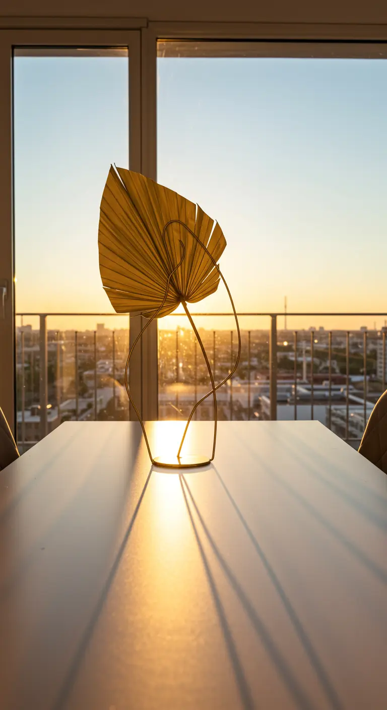 Une feuille de palmier séchée dans un vase design, devant un coucher de soleil.