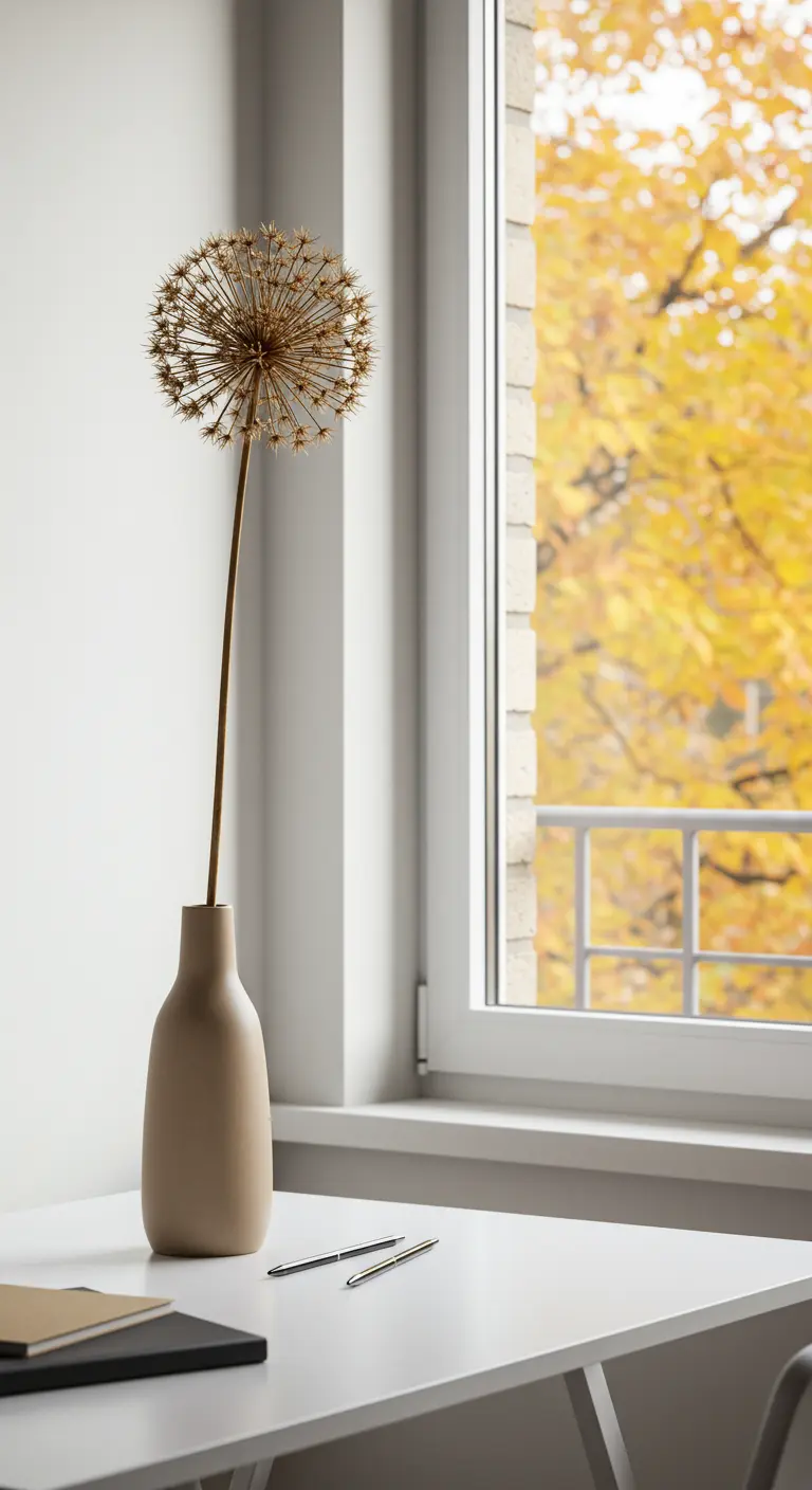 Une seule fleur d'allium séchée dans un vase beige élancé sur un bureau blanc.