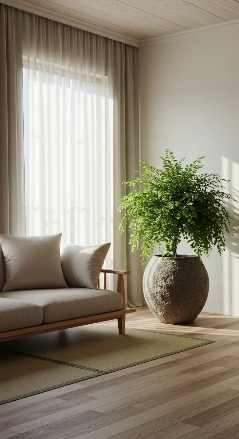 Un grand pot en pierre sphérique avec une fougère luxuriante à côté d'un canapé beige.