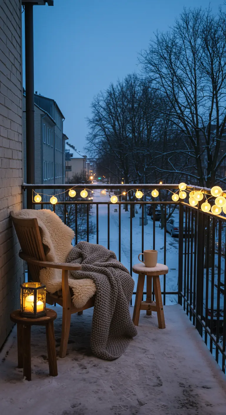 Chaise en bois sur un balcon enneigé avec plaid, lanterne et guirlande lumineuse.