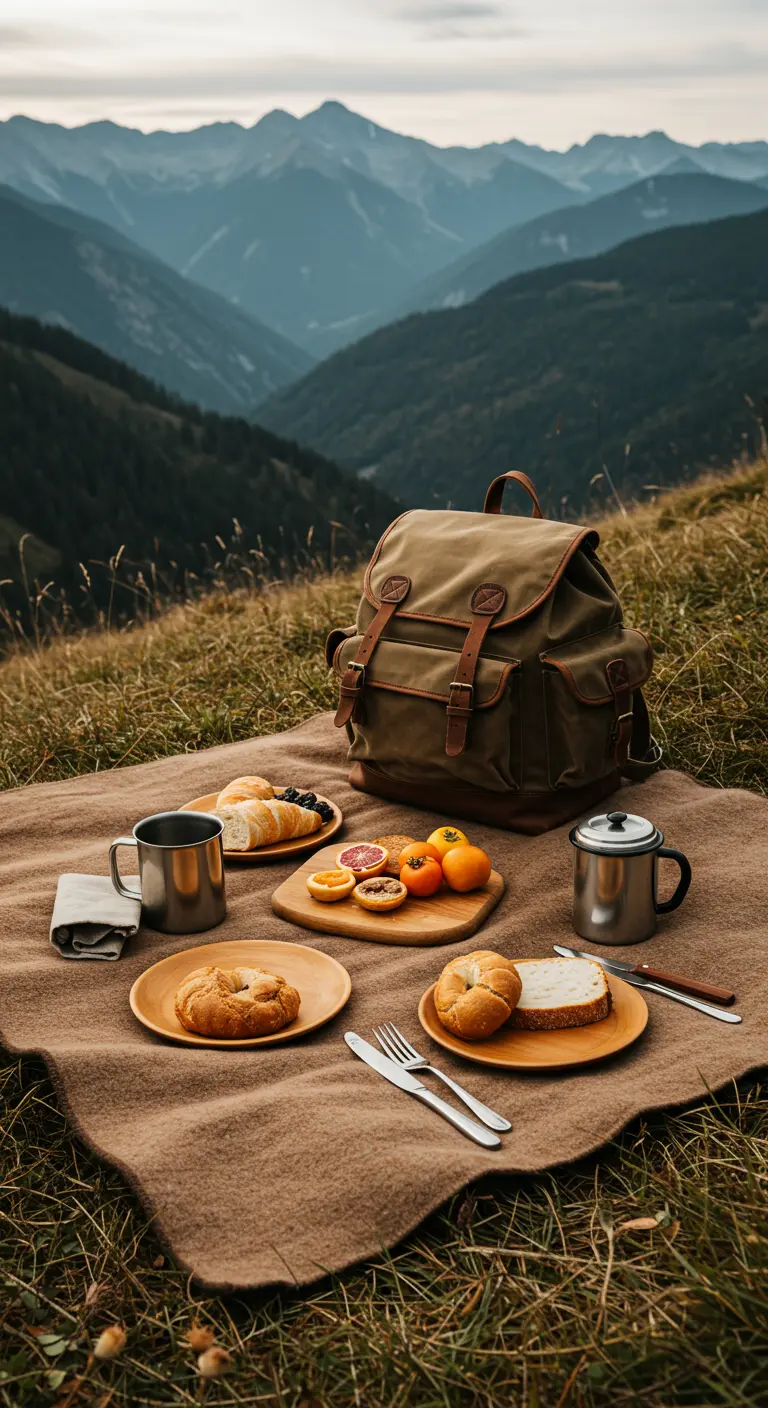 Pique-nique de randonneur en montagne avec un sac à dos en toile.