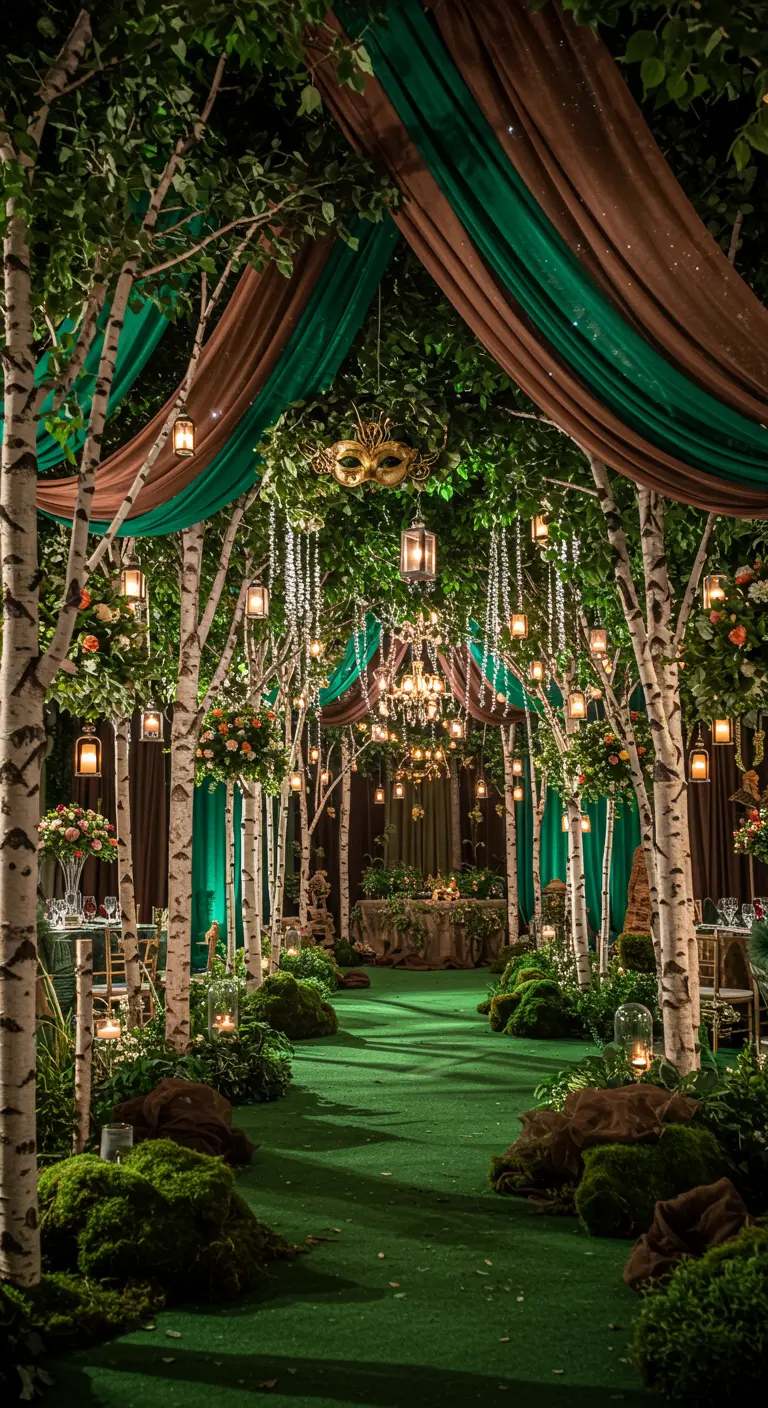 Décor de forêt enchantée avec des bouleaux, des lanternes suspendues et des drapés.