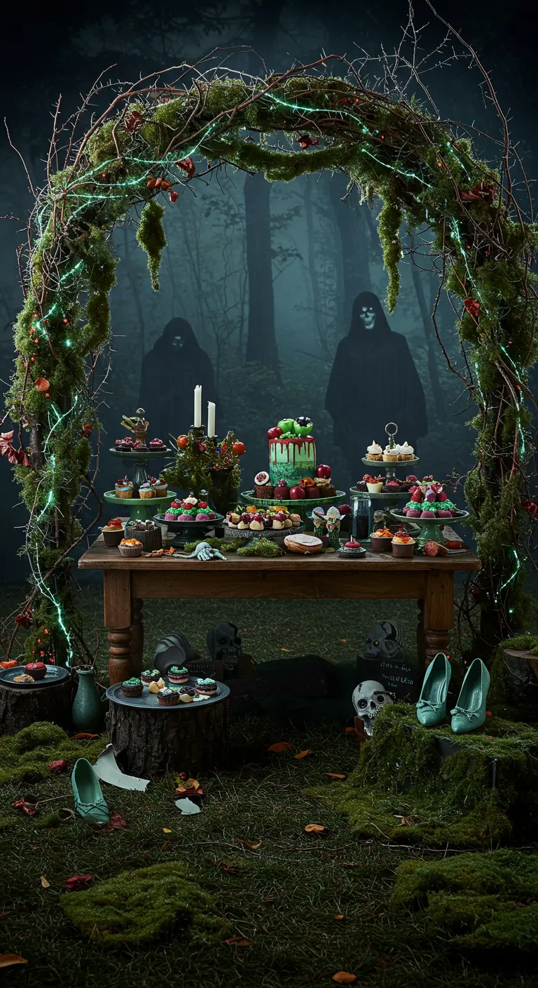 Buffet Halloween féerique et sombre dans une forêt, arche végétale lumineuse, ombres.