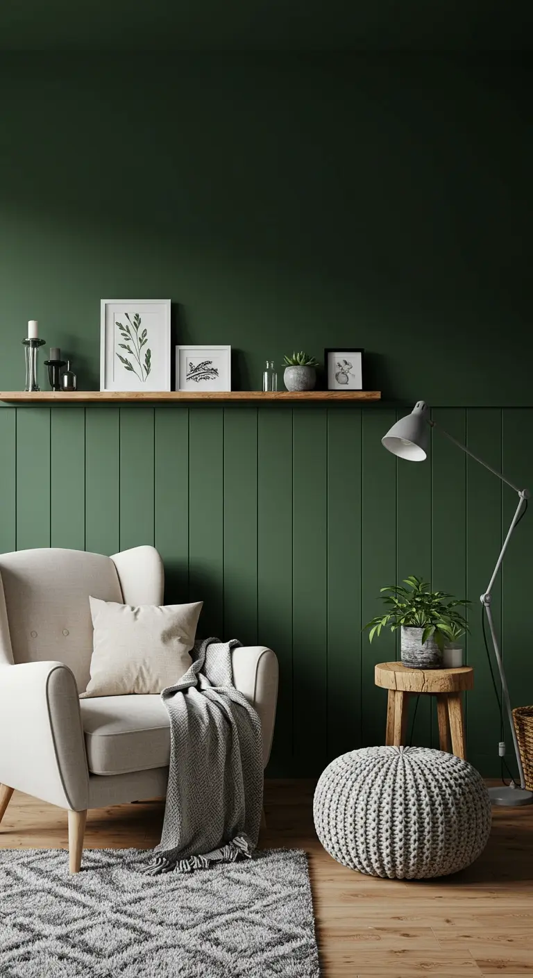 Coin lecture avec un mur vert forêt dont la partie inférieure est habillée de lames verticales.