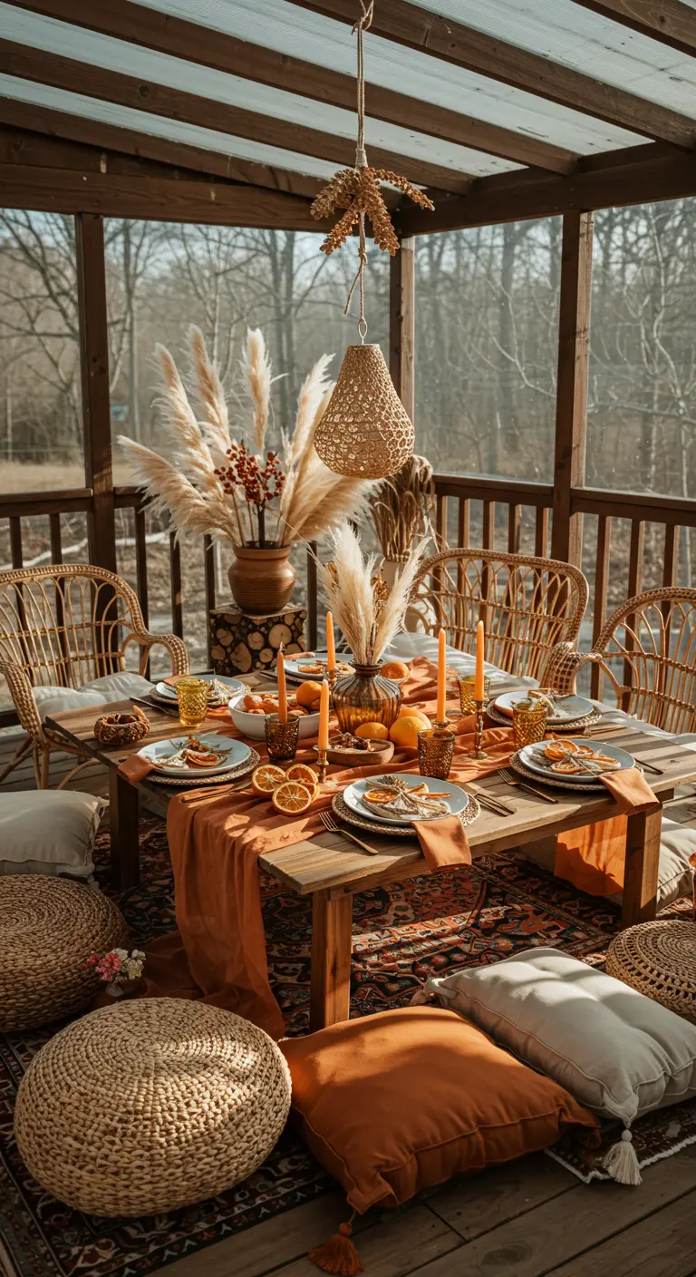 Table de fête d'inspiration bohème avec des herbes de la pampa et des tons orangés.
