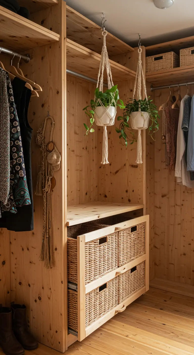 Dressing en bois brut avec paniers coulissants en osier et plantes suspendues.