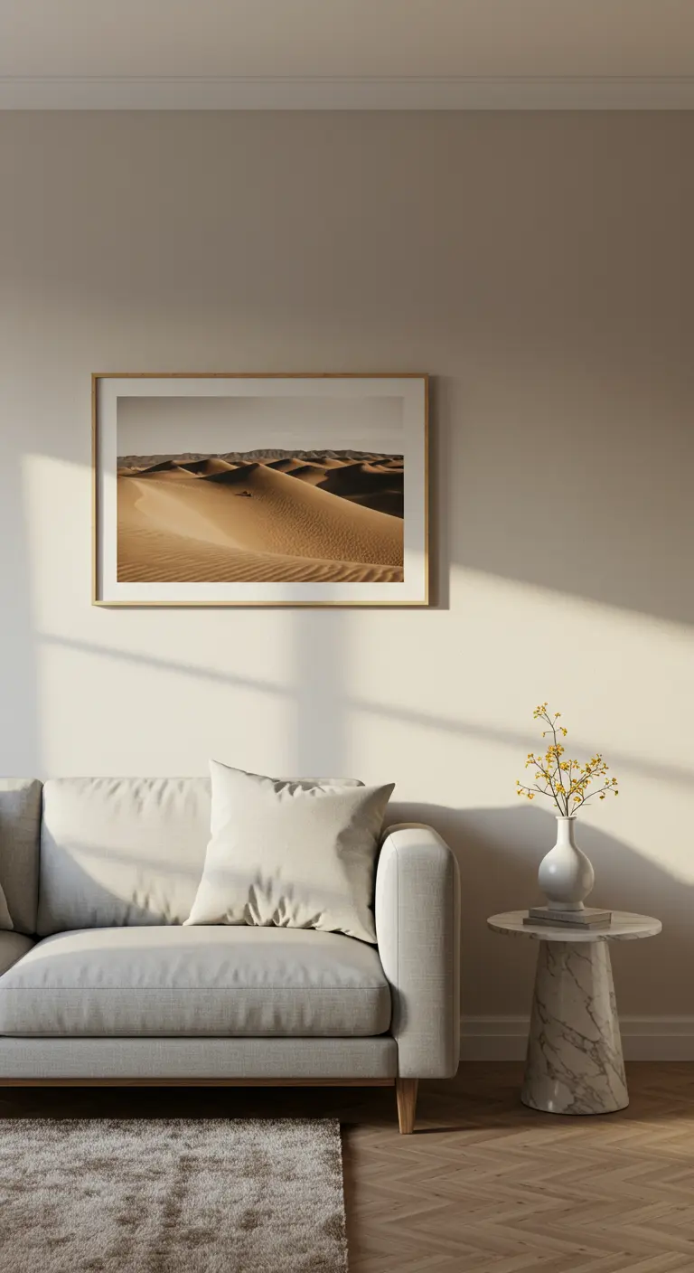 Canapé gris clair avec une table d'appoint en marbre et une photo de désert encadrée.