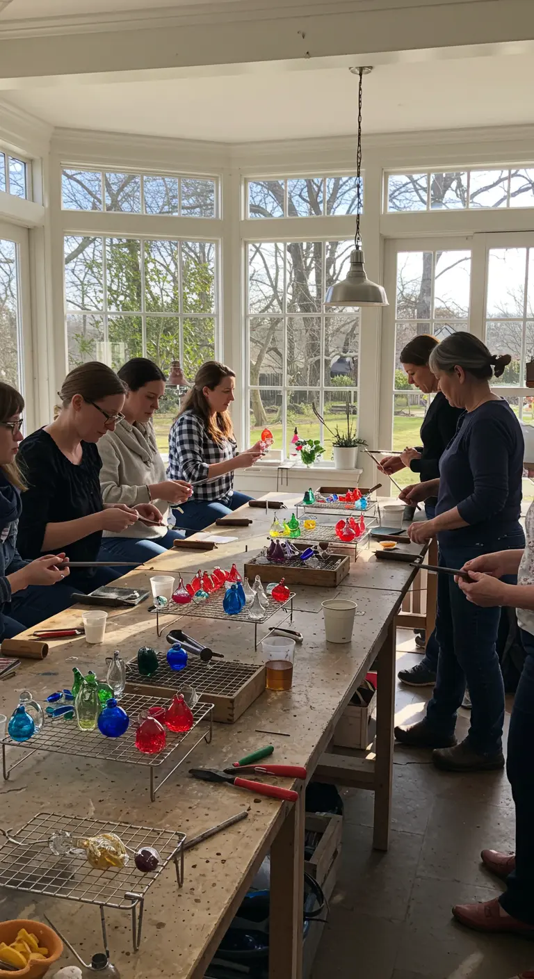 Un groupe de personnes participant à un atelier de soufflage de verre.