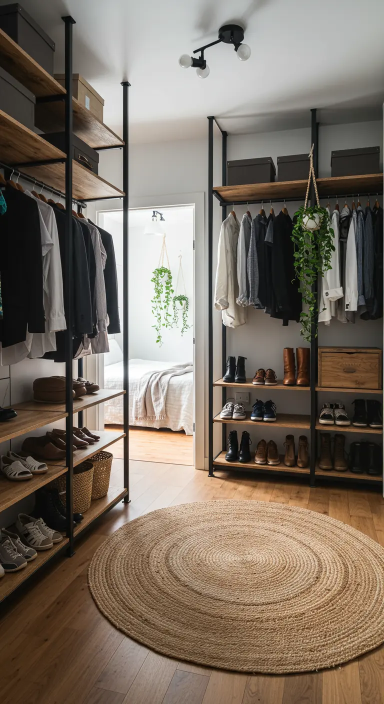 Rangement ouvert de style industriel avec une plante verte suspendue.