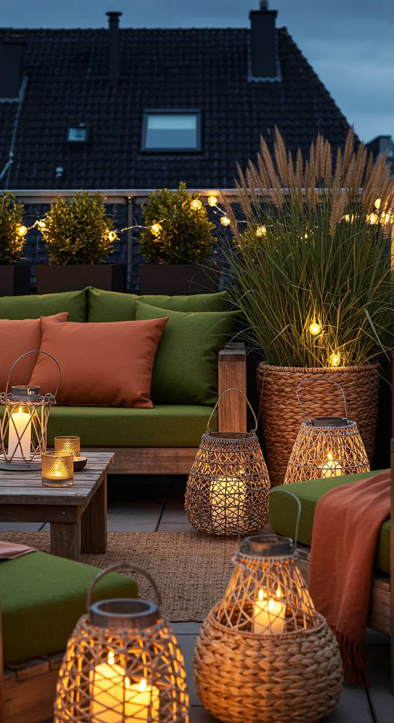 Terrasse avec canapés, herbes ornementales et lanternes en osier.