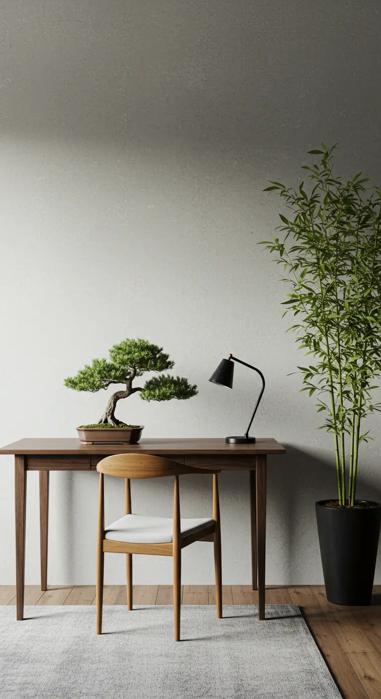 Bureau minimaliste en bois foncé avec un bonsaï et une grande plante de bambou à côté.