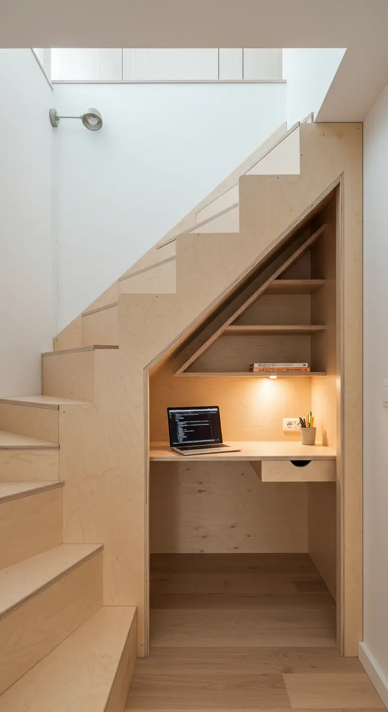 Bureau compact et étagères sur mesure aménagés sous un escalier en bois.