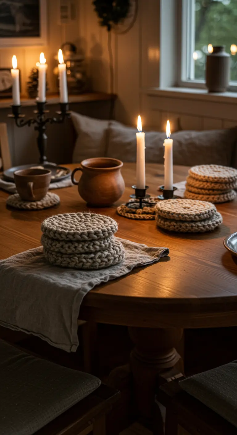 Table en bois rustique avec des sous-verres faits main au crochet et des tasses en terre cuite.