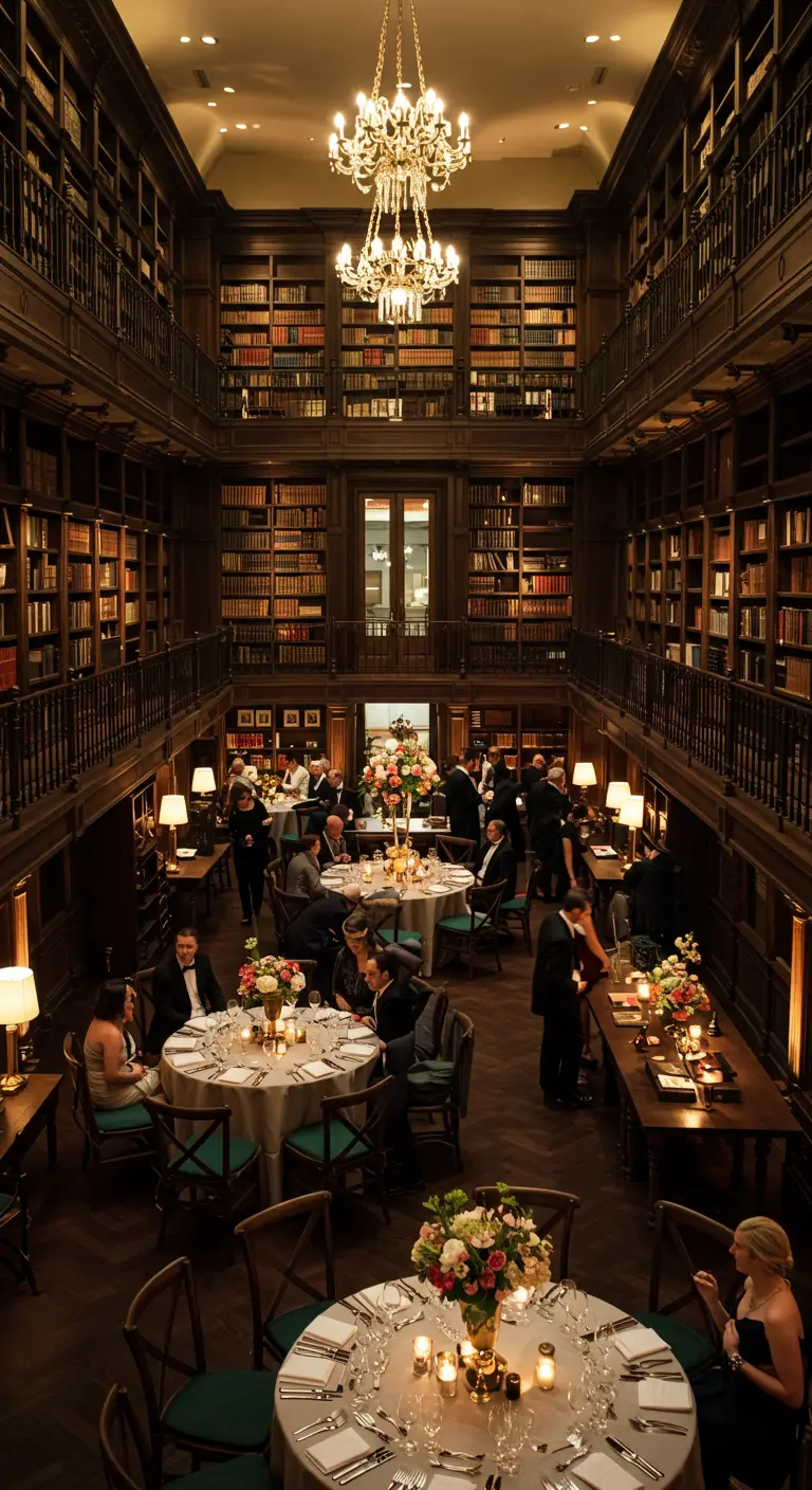 Une réception élégante organisée dans une grande bibliothèque sur deux étages.