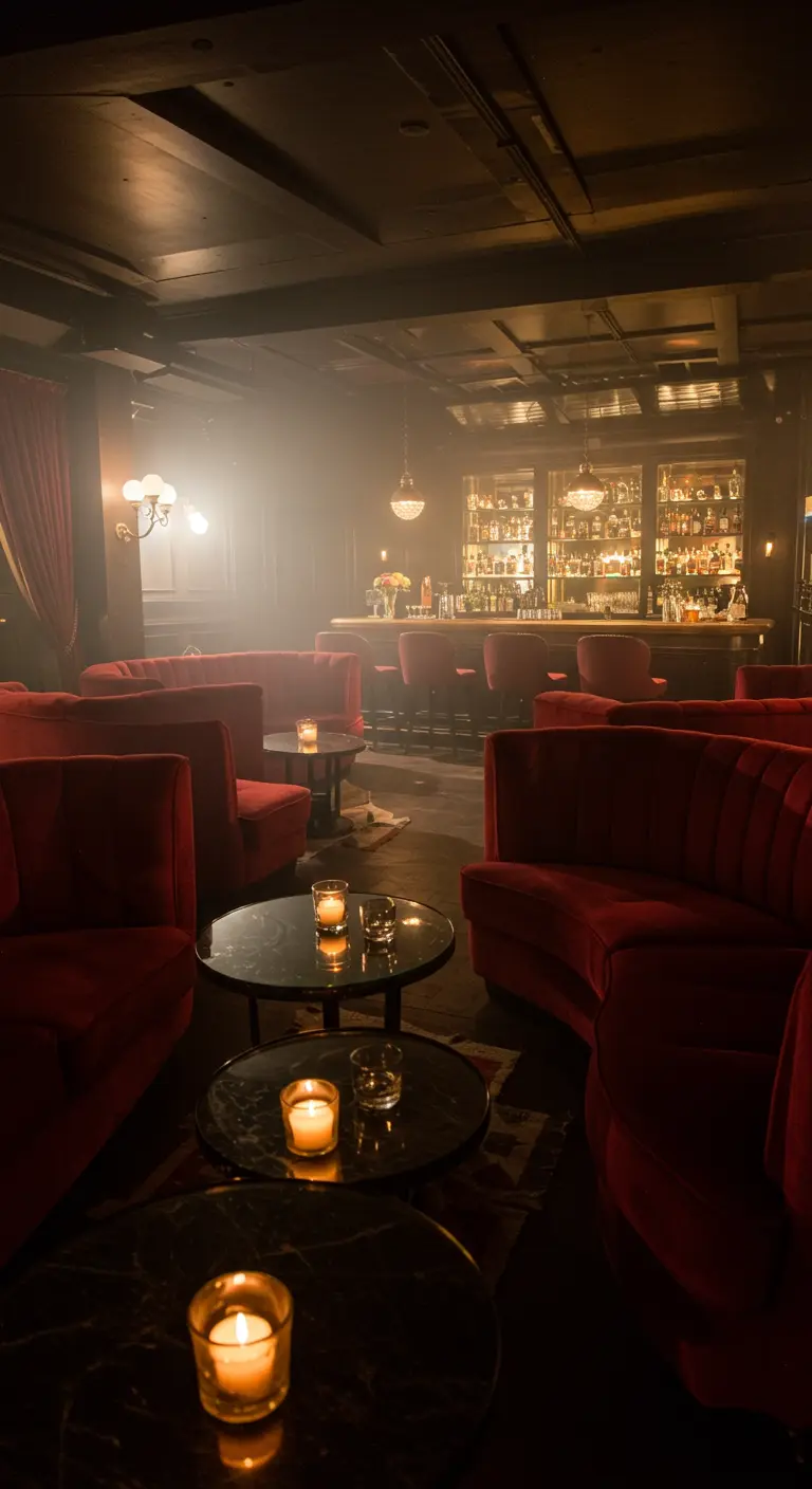Bar clandestin faiblement éclairé avec des canapés en velours rouge et des bougies.