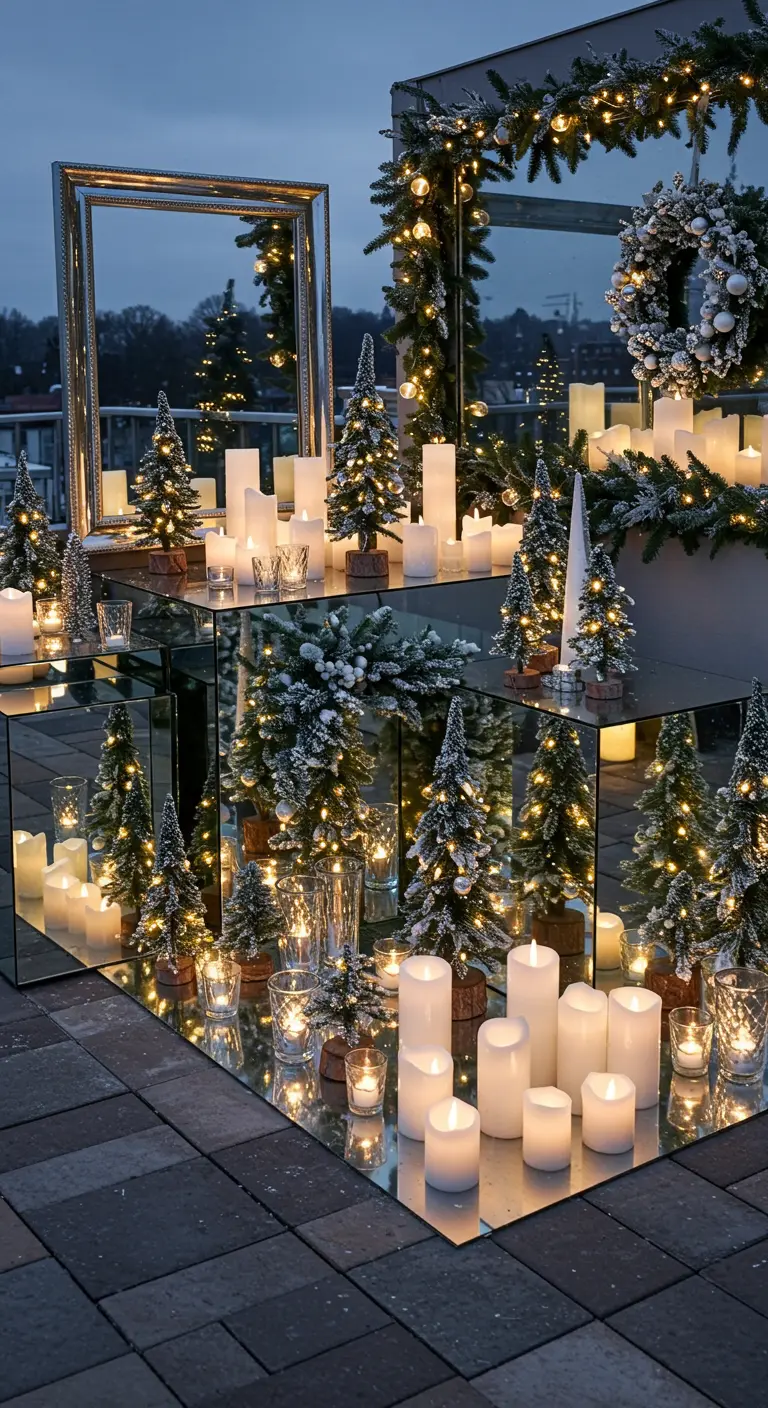 Terrasse avec grands miroirs reflétant des sapins miniatures, bougies LED et décorations hivernales.