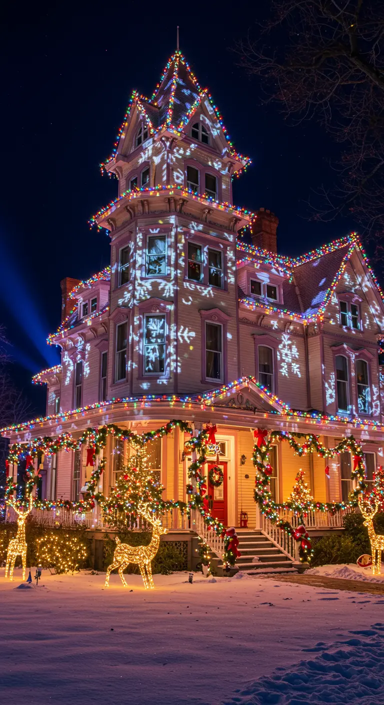 Grande maison illuminée de guirlandes multicolores et de projections de flocons de neige.