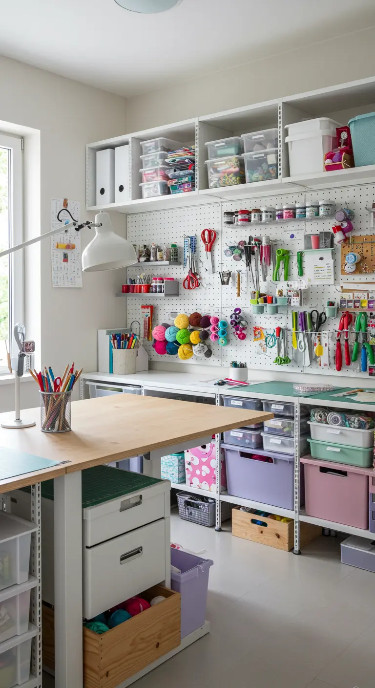 Studio de loisirs créatifs avec murs en pegboard, rangements colorés et grand plan de travail.