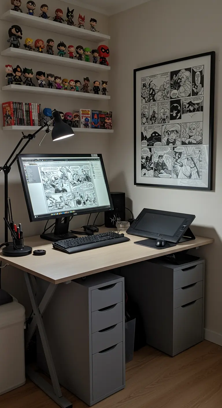 Coin bureau d'un dessinateur de BD avec un grand écran, des figurines et une planche de BD encadrée.