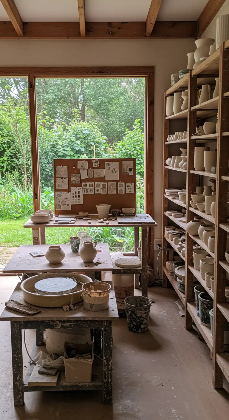 Atelier de poterie avec un tour, des étagères de séchage et une grande fenêtre.
