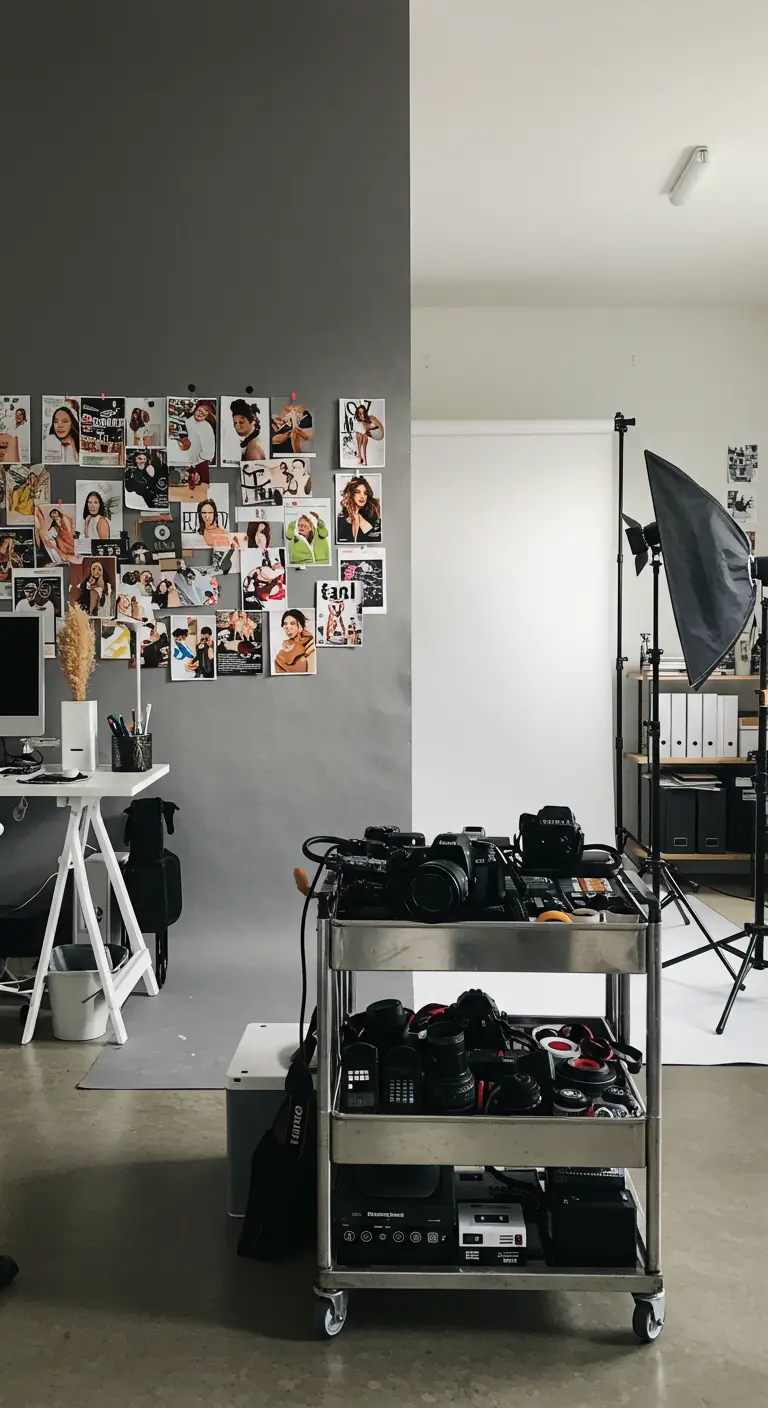 Studio photo avec un mur gris pour les portraits et un chariot de matériel.