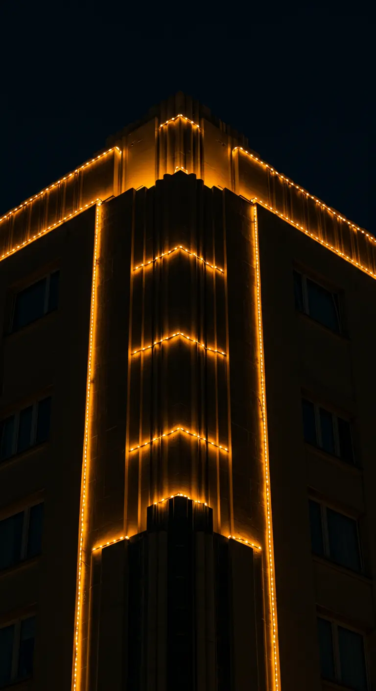 Bâtiment Art Déco illuminé par des guirlandes lumineuses qui soulignent ses lignes architecturales.