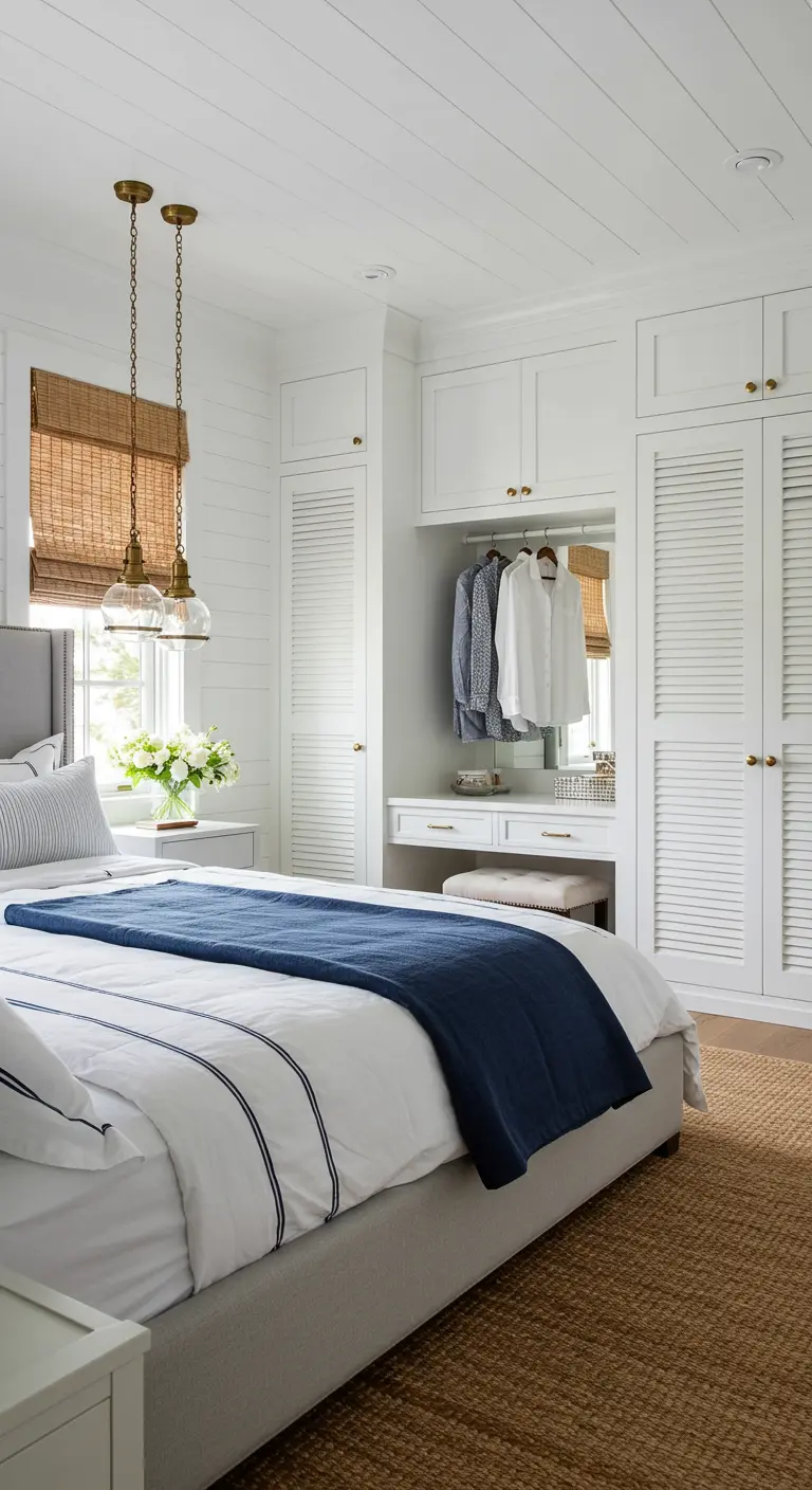 Chambre de style côtier avec lambris blanc, armoires à persiennes et touches de bleu.