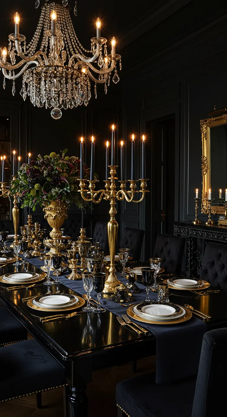 Table laquée noire, décor noir et or opulent, chandeliers dorés, lustre en cristal.