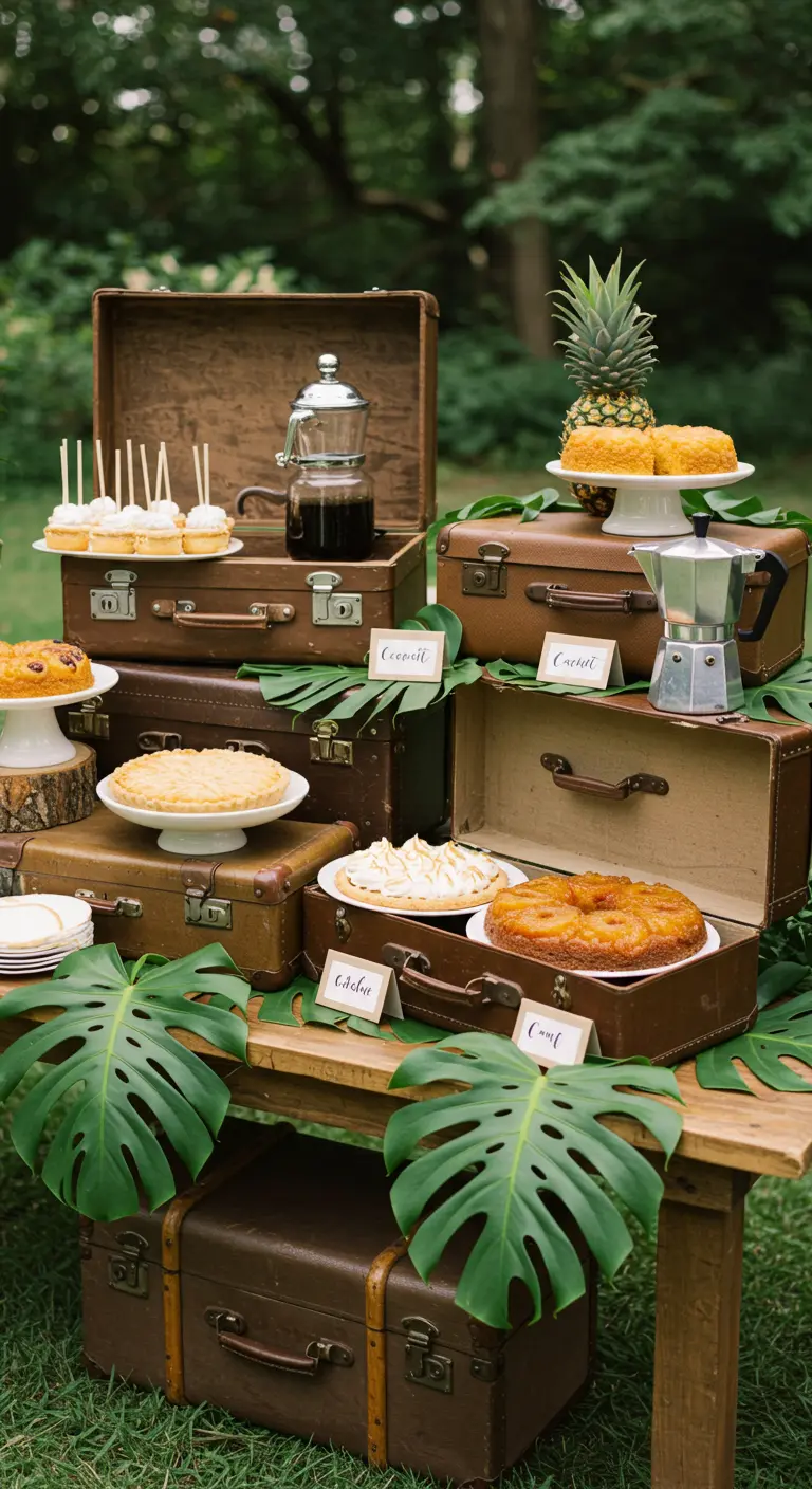 Table de desserts rustique avec des gâteaux présentés sur une pile de valises en cuir.