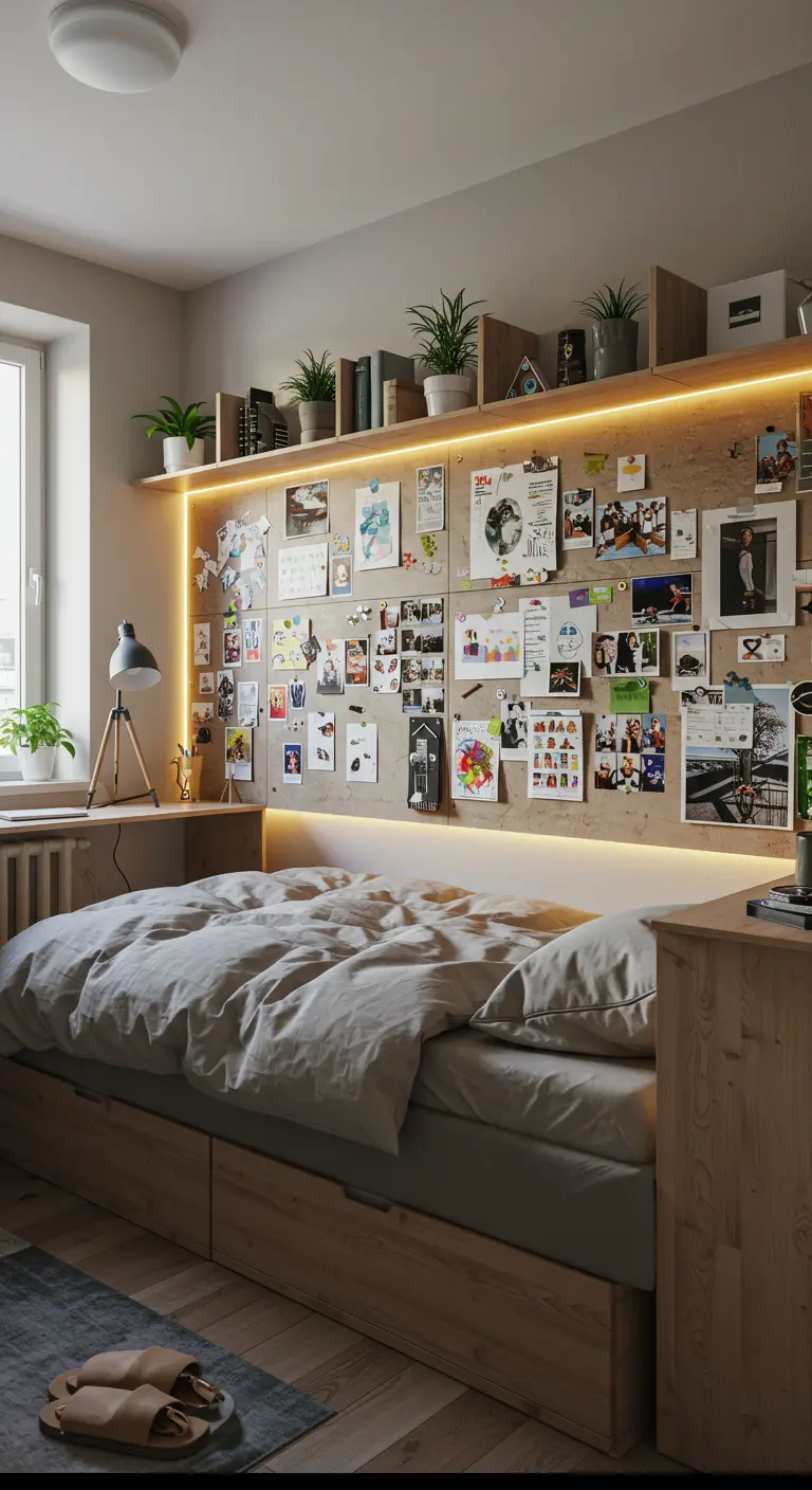 Grand panneau d'inspiration en bois clair avec photos, notes et éclairage LED intégré.