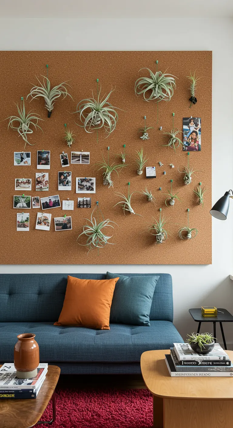 Un grand tableau de liège mural couvert de photos et de nombreuses plantes aériennes de différentes tailles.
