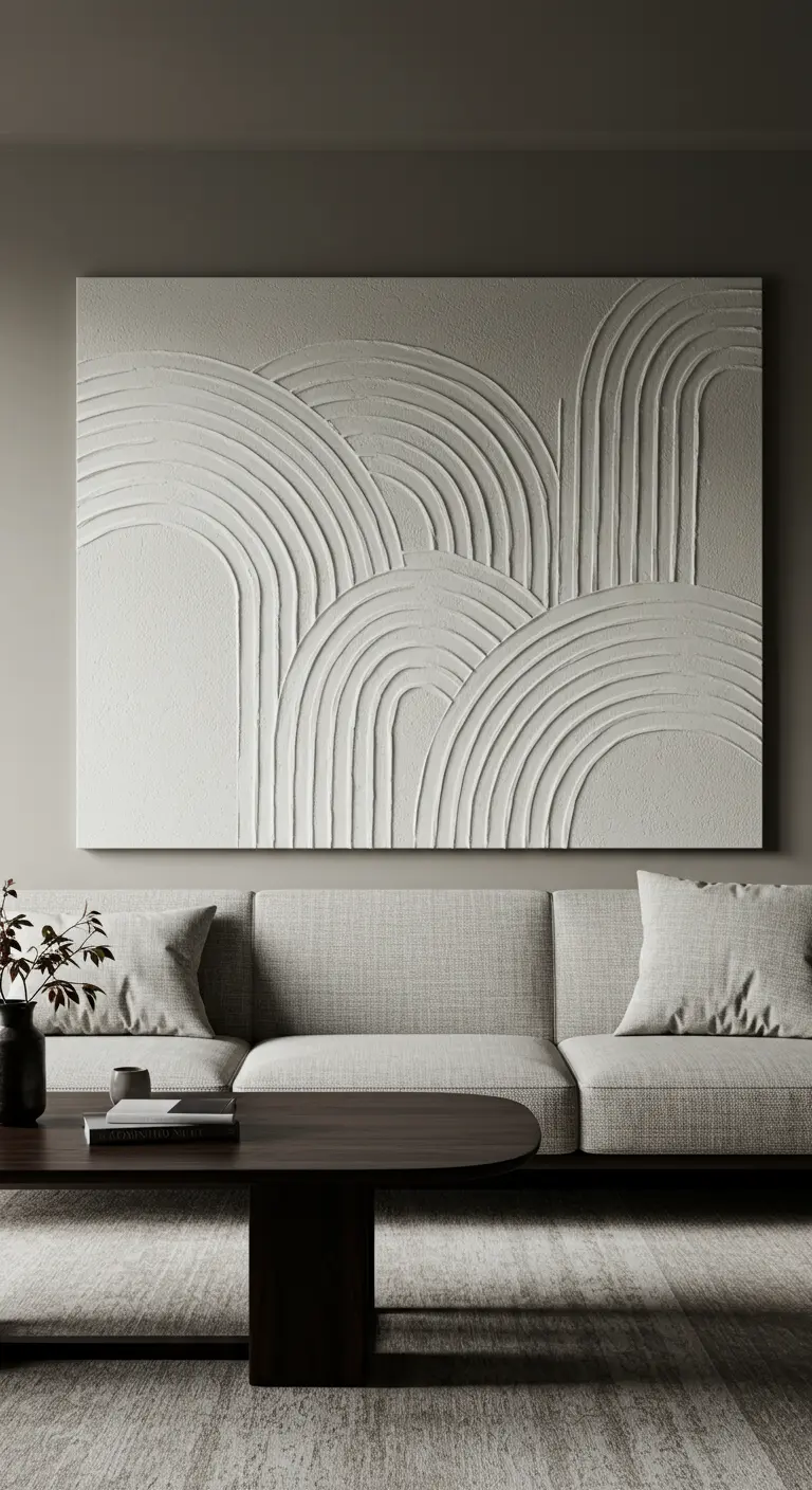 Grande toile texturée blanche avec des motifs en arcs en relief, suspendue au-dessus d'un canapé gris.