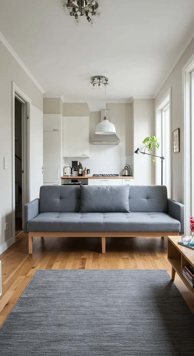 Petit salon ouvert sur la cuisine, délimité par un grand tapis gris.