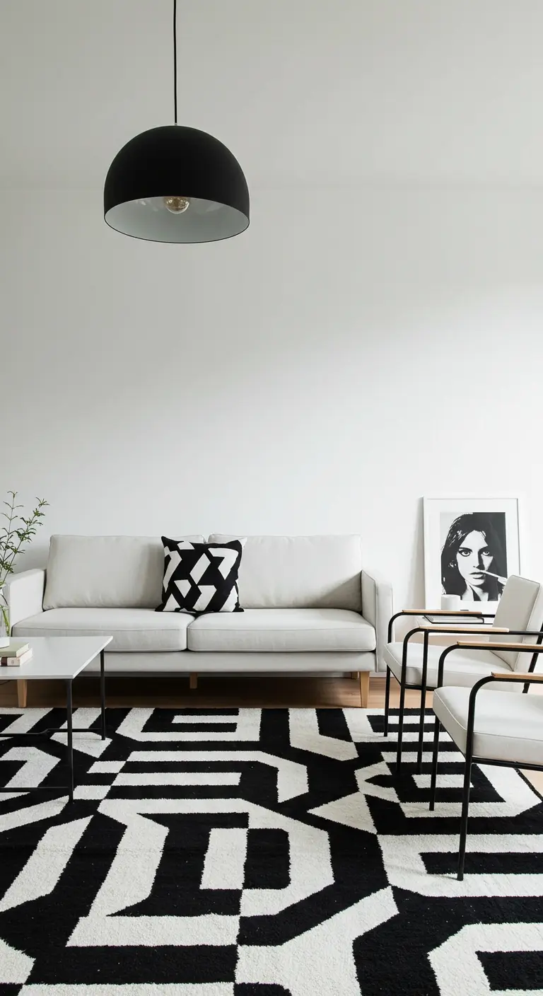 Salon avec canapé blanc, fauteuils noirs et un grand tapis à motif géométrique noir et blanc.