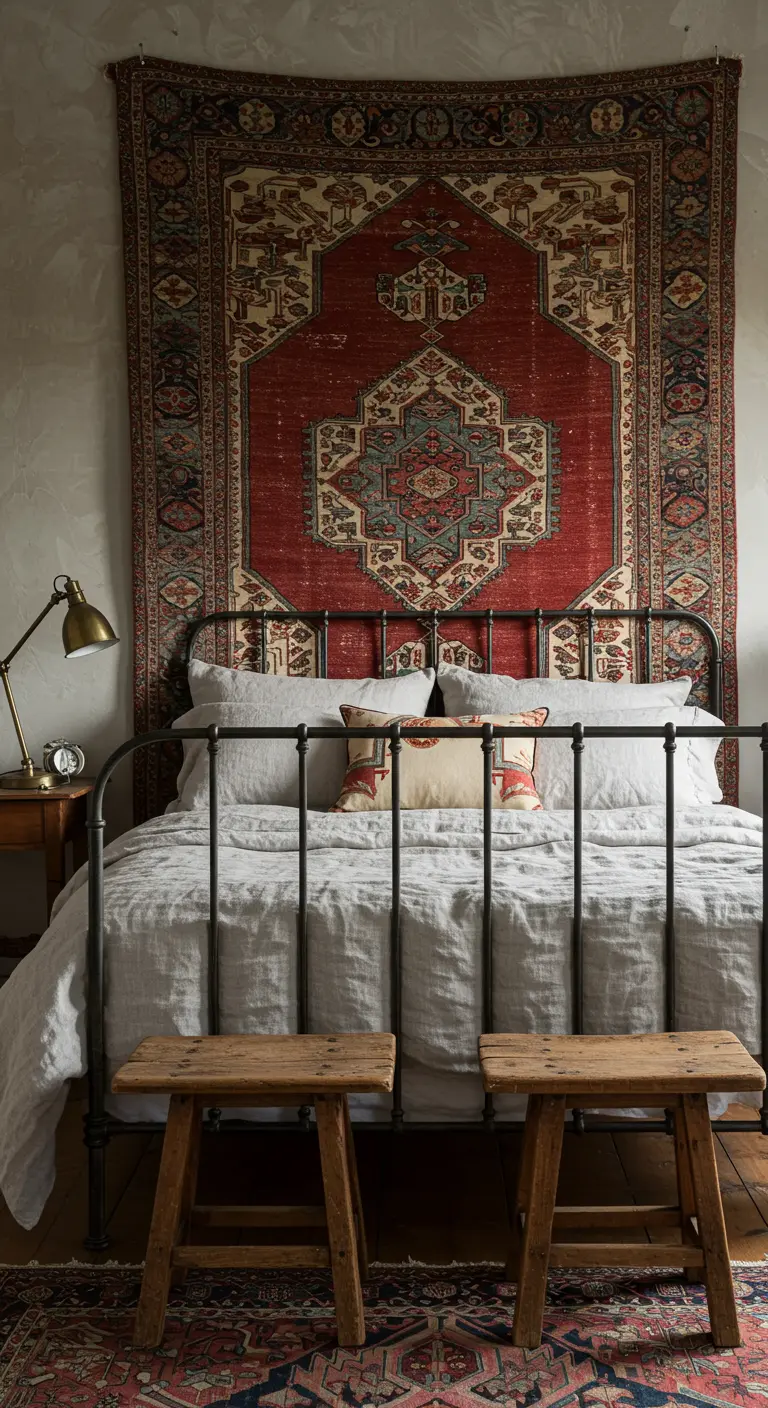 Un grand tapis persan rouge et bleu est suspendu au mur derrière un lit en fer forgé.