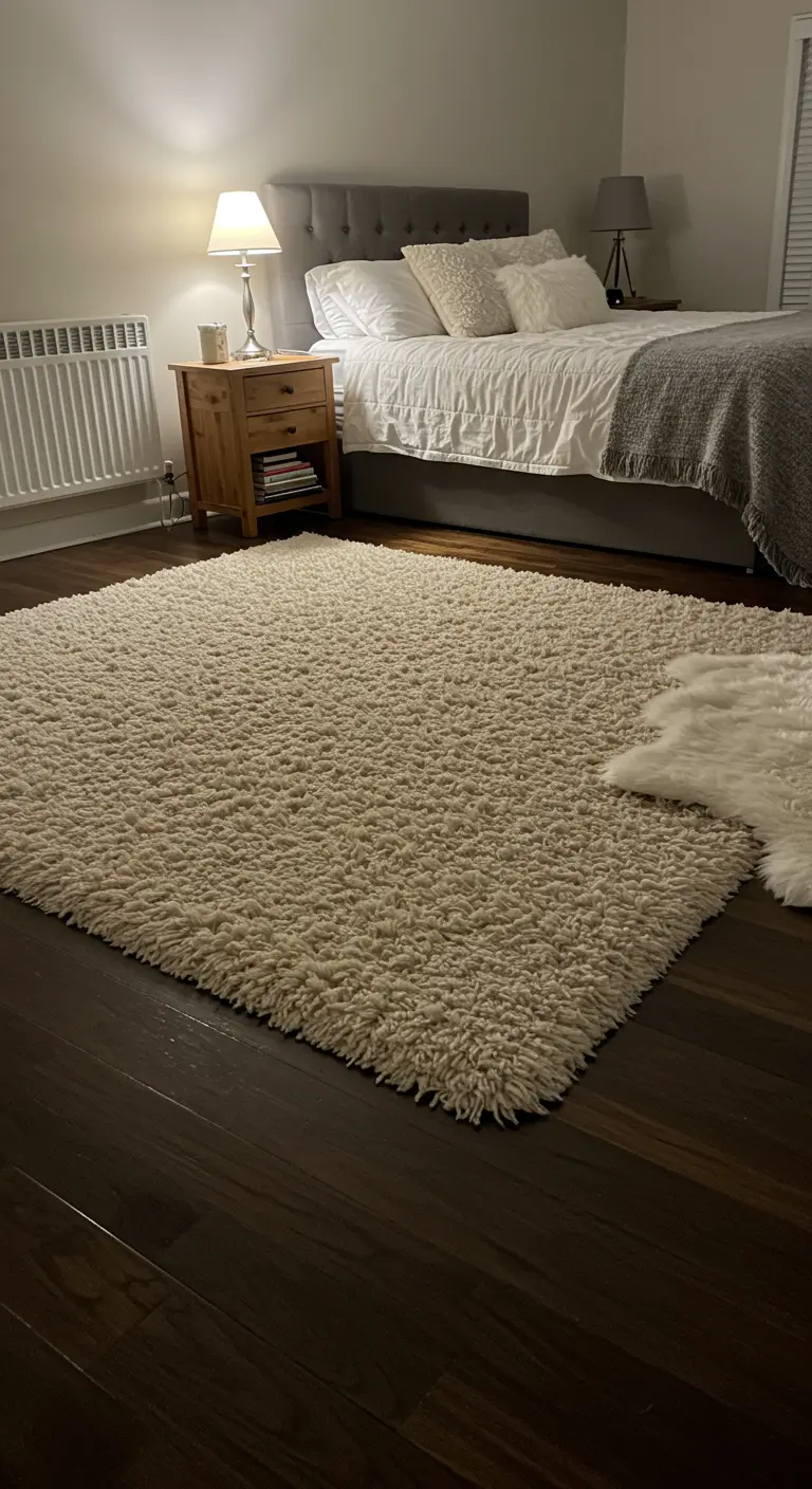 Grand tapis shaggy blanc et moelleux au pied d'un lit.