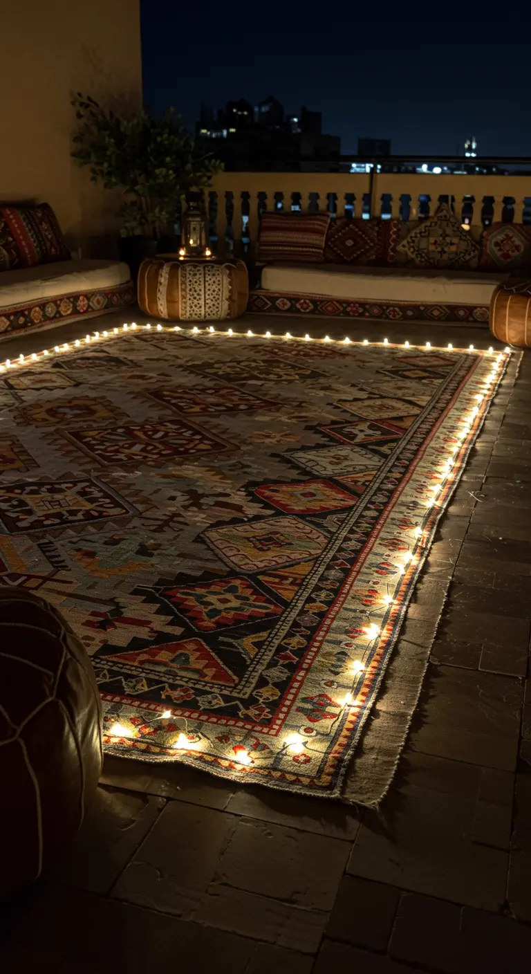 Un grand tapis ethnique sur une terrasse, dont les bords sont soulignés par une guirlande lumineuse.