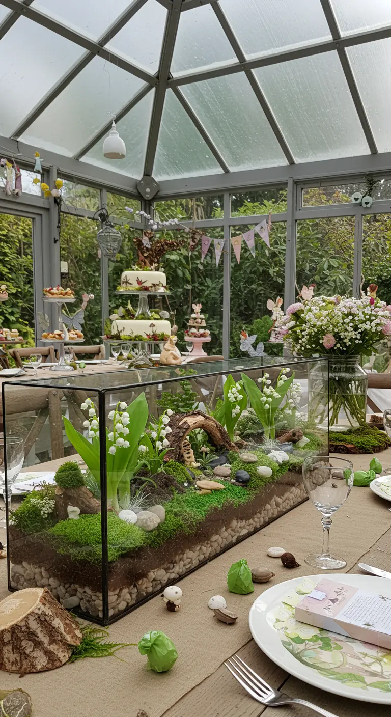 Un long terrarium en verre rempli de mousse et de muguet sert de centre de table.