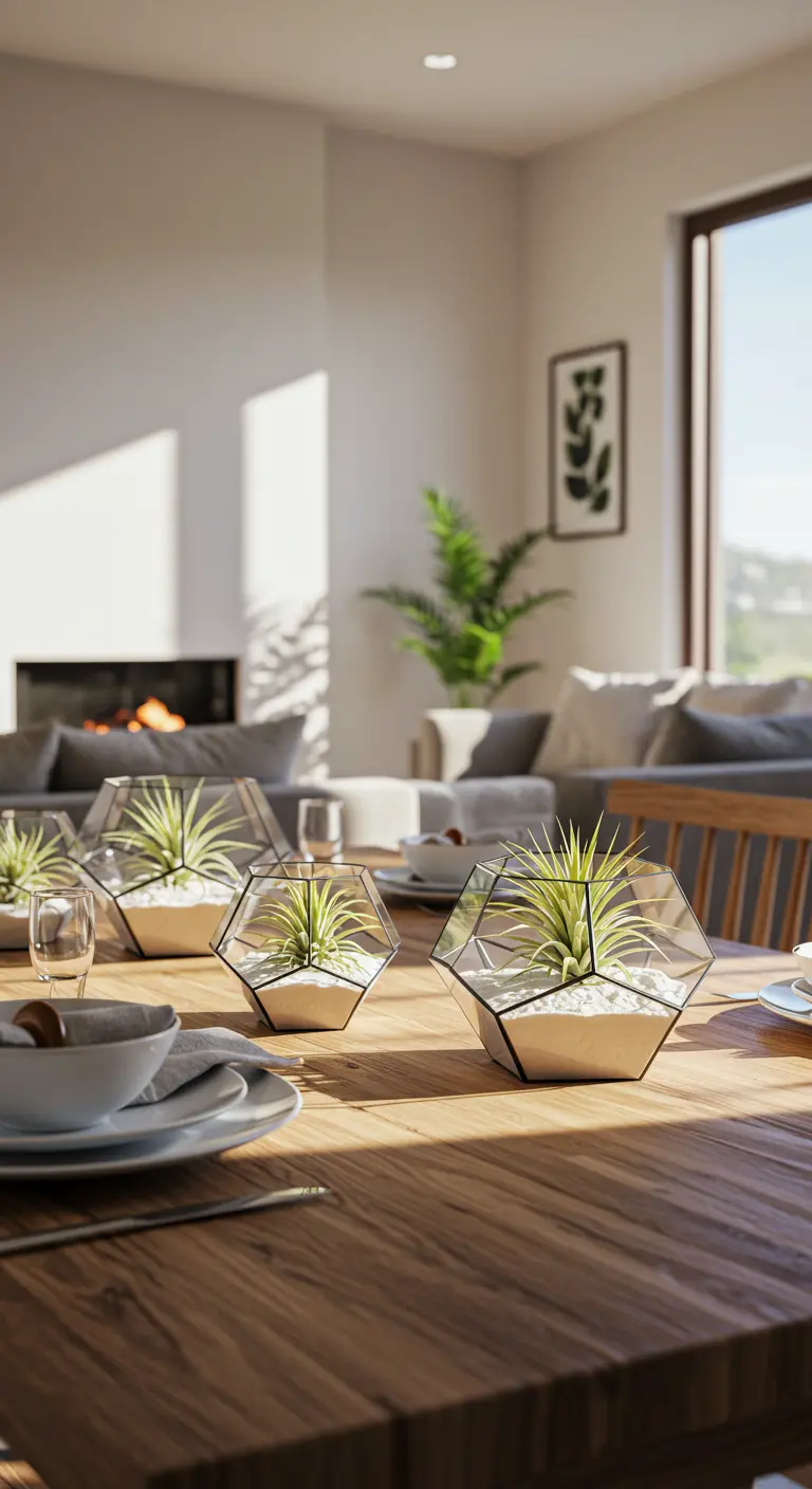 Terrariums géométriques en verre avec des plantes grasses posés sur une table en bois.