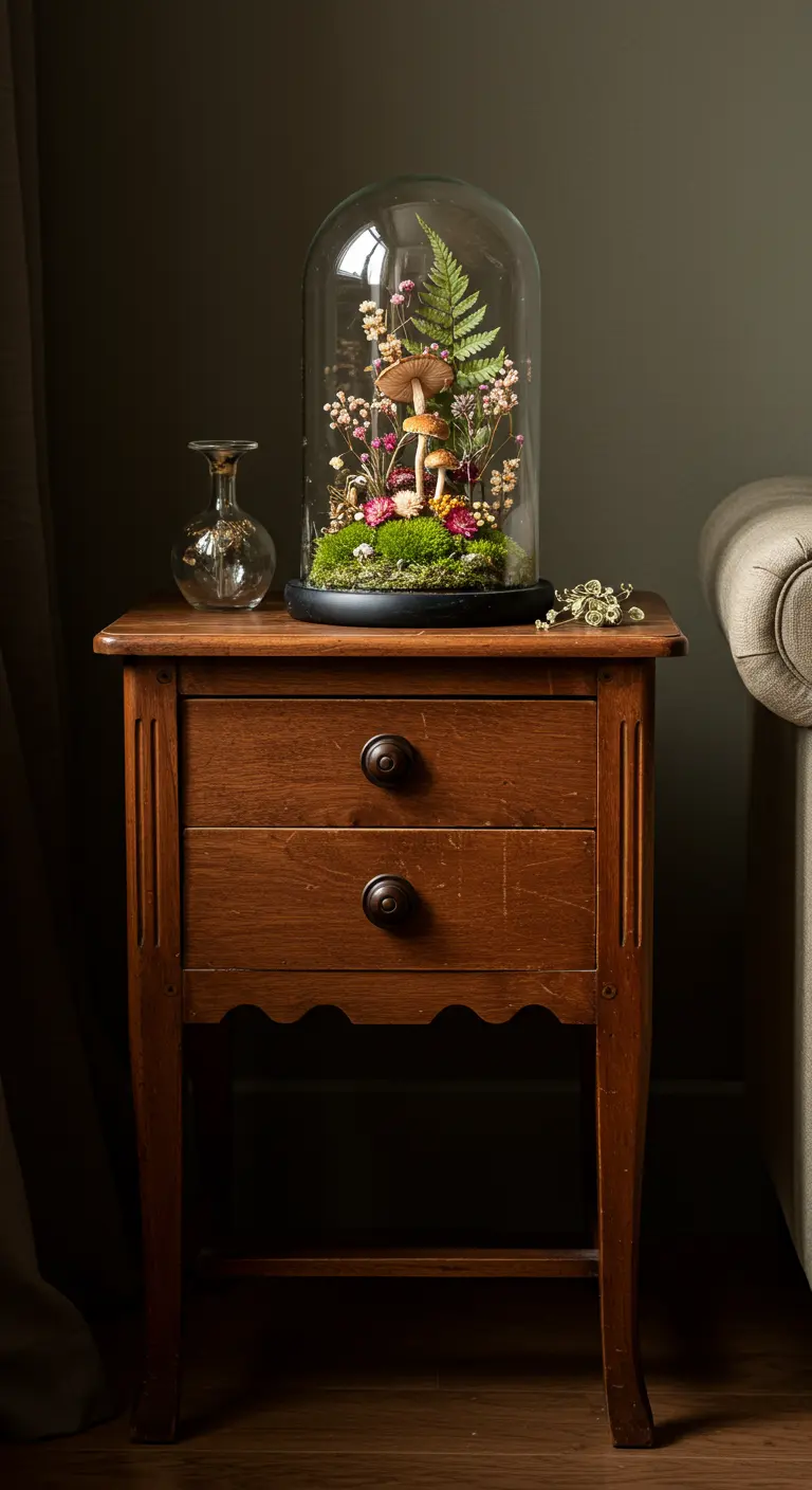 Cloche en verre abritant une scène de forêt miniature avec des champignons et des fleurs séchées.