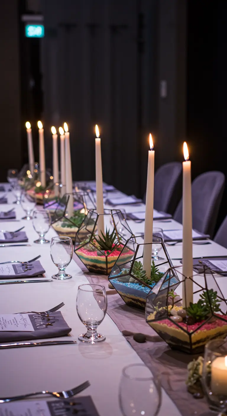 Chemin de table composé de terrariums géométriques avec du sable coloré et des bougies.