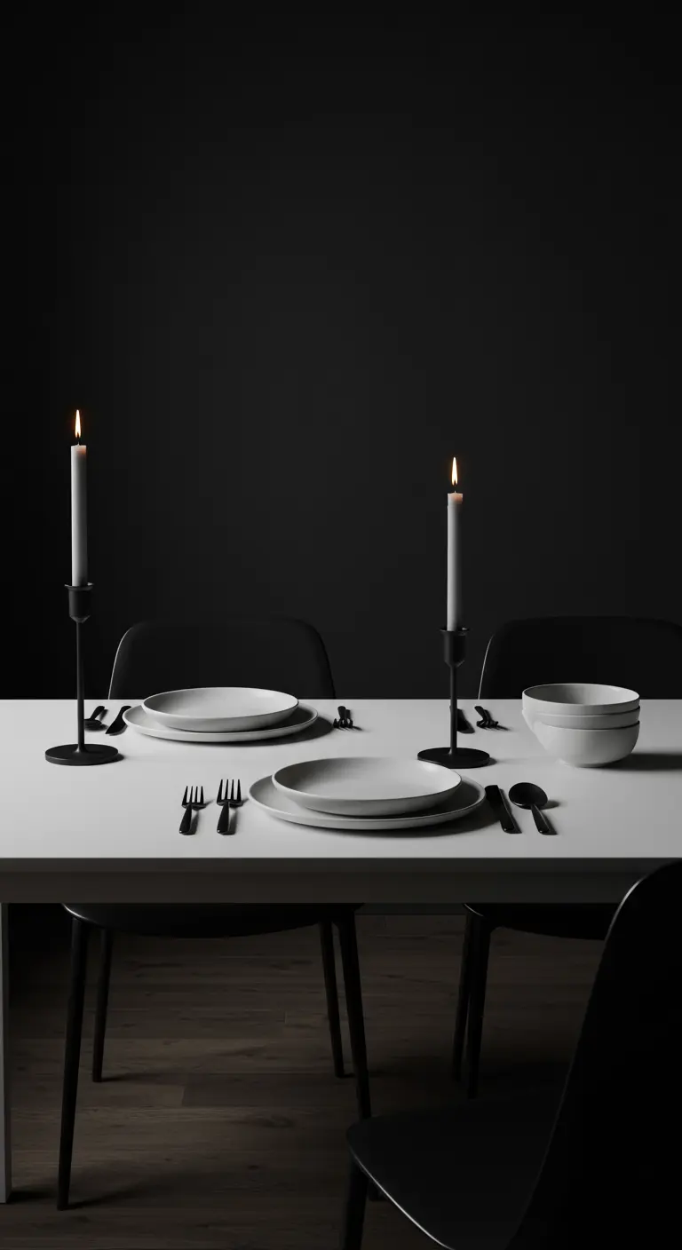 Table minimaliste noire et blanche pour deux, éclairée par deux fines bougies.