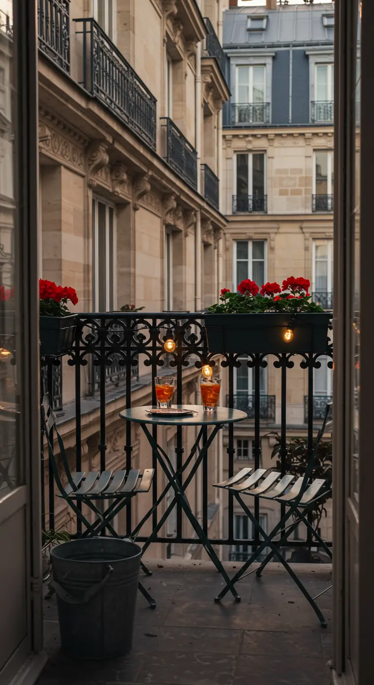 Petit balcon parisien avec une table de bistrot, deux chaises et des géraniums rouges.
